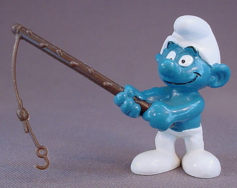 Fisherman Or Angler Smurf PVC Figure, Brown Fishing Pole Or Rod Version, #20101, 1980 Peyo Bully, West Germany, Smurfs, Vintage, Figurine
