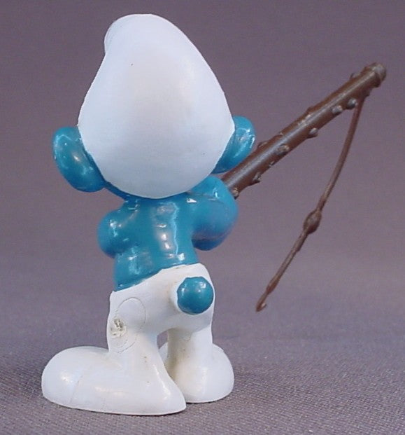 Fisherman Or Angler Smurf PVC Figure, Brown Fishing Pole Or Rod Version, #20101, 1980 Peyo Bully, West Germany, Smurfs, Vintage, Figurine
