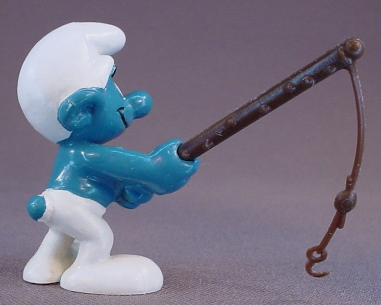 Fisherman Or Angler Smurf PVC Figure, Brown Fishing Pole Or Rod Version, #20101, 1980 Peyo Bully, West Germany, Smurfs, Vintage, Figurine