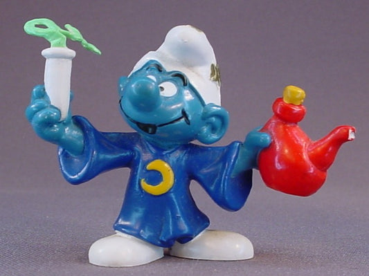 Alchemist Smurf Holding A Potion PVC Figure, #20116, 1980 Peyo Bully, West Germany, Smurfs, Vintage, Figurine