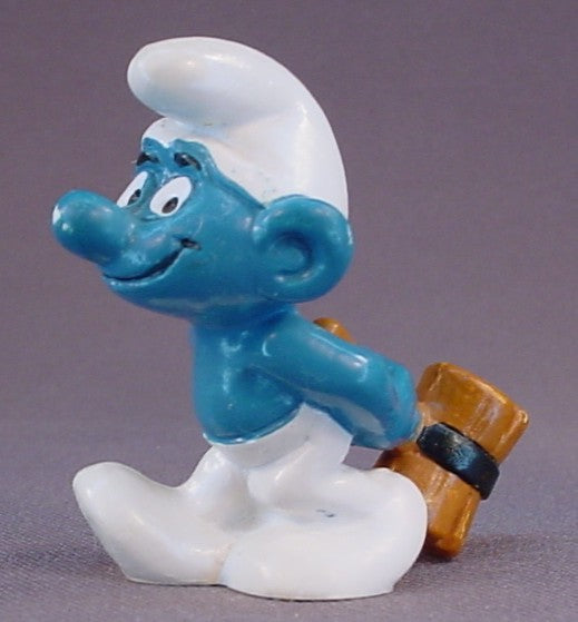 Smurf With A Wooden Sledgehammer Behind His Back PVC Figure, #20096, 1978 Peyo Bully, West Germany, Smurfs, Vintage, Figurine
