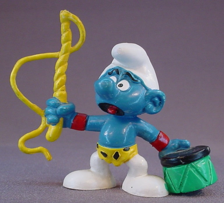 Lion Tamer Smurf With A Yellow Whip & Leopard Skin Loin Cloth PVC Figure, #20115, 1980 Peyo Bully, West Germany, Smurfs, Vintage, Figurine