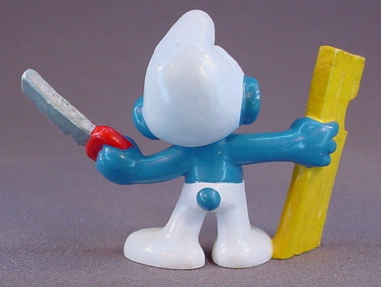 Carpenter Smurf Holding A Saw & A Piece Of Wood PVC Figure, #20112, 1980 Peyo Bully, West Germany, Smurfs, Vintage, Figurine