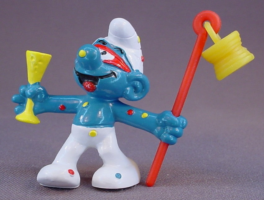 Carnival Smurf With A Yellow Lantern On A Staff PVC Figure, #20107, 1980 Peyo Bully, West Germany, Smurfs, Vintage, Figurine, Red Mask & Polka Dots On His Face & Body, Carnivale, Mardi Gras