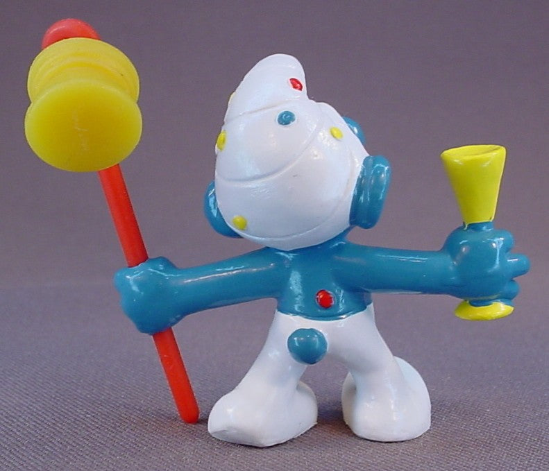 Carnival Smurf With A Yellow Lantern On A Staff PVC Figure, #20107, 1980 Peyo Bully, West Germany, Smurfs, Vintage, Figurine, Red Mask & Polka Dots On His Face & Body, Carnivale, Mardi Gras