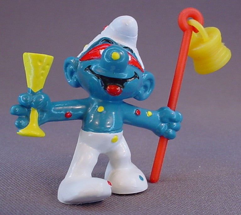 Carnival Smurf With A Yellow Lantern On A Staff PVC Figure, #20107, 1980 Peyo Bully, West Germany, Smurfs, Vintage, Figurine, Red Mask & Polka Dots On His Face & Body, Carnivale, Mardi Gras