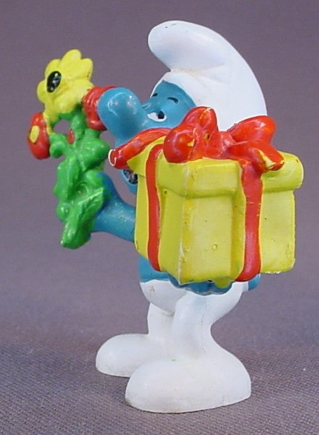 Smurf Holding A Gift & A Flower PVC Figure, #20040, 1978 Peyo Schleich, West Germany, Smurfs, Vintage, Figurine, Mustard Yellow Dot