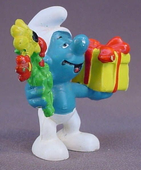 Smurf Holding A Gift & A Flower PVC Figure, #20040, 1978 Peyo Schleich, West Germany, Smurfs, Vintage, Figurine, Mustard Yellow Dot