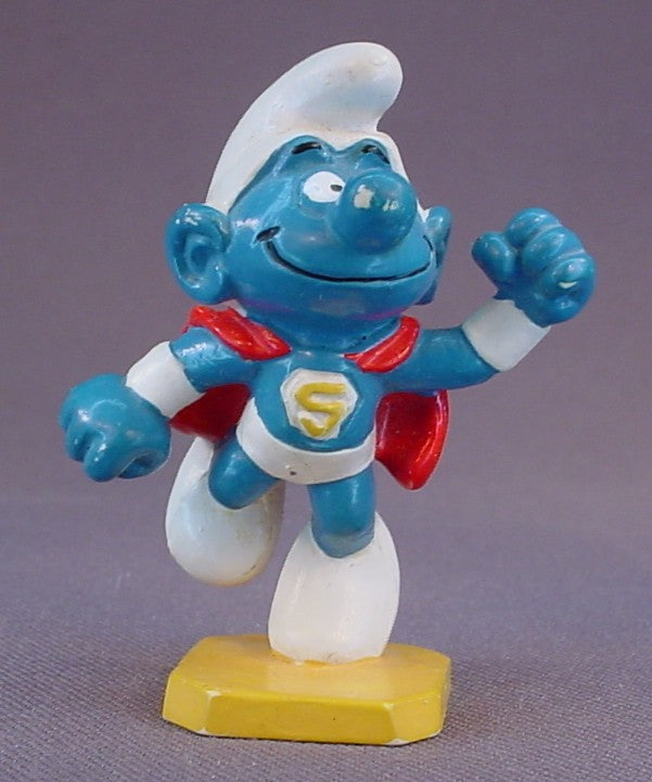 Smurf Smurferman Super Hero PVC Figure On A Yellow Base, #20119, 1980 Peyo Bully, West Germany, Smurfs, Vintage, Figurine