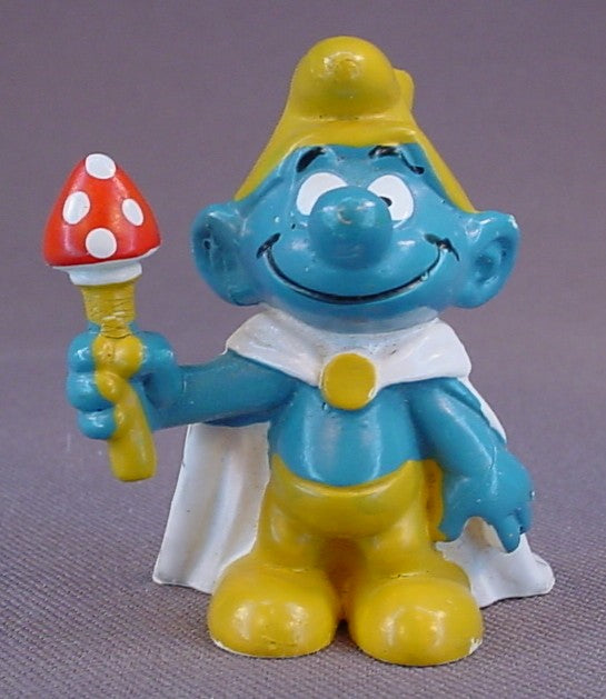 King Smurf With A Red Cape & A Toadstool Scepter PVC Figure, #20074, 1973 Peyo Bully, West Germany, Smurfs, Vintage, Figurine, Sceptre, Mustard Yellow Dot
