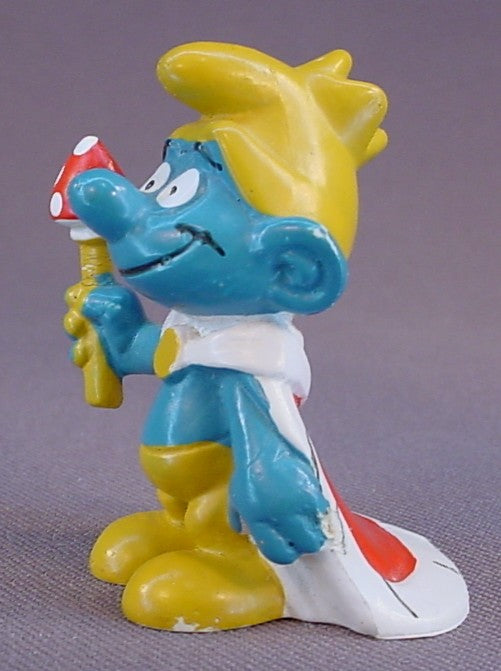King Smurf With A Red Cape & A Toadstool Scepter PVC Figure, #20074, 1973 Peyo Bully, West Germany, Smurfs, Vintage, Figurine, Sceptre, Mustard Yellow Dot