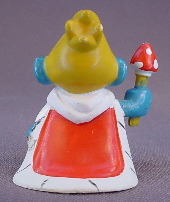 King Smurf With A Red Cape & A Toadstool Scepter PVC Figure, #20074, 1973 Peyo Bully, West Germany, Smurfs, Vintage, Figurine, Sceptre, Mustard Yellow Dot