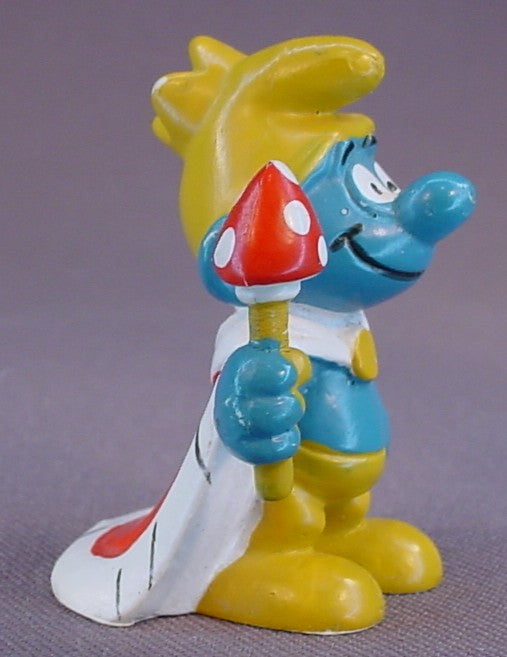 King Smurf With A Red Cape & A Toadstool Scepter PVC Figure, #20074, 1973 Peyo Bully, West Germany, Smurfs, Vintage, Figurine, Sceptre, Mustard Yellow Dot