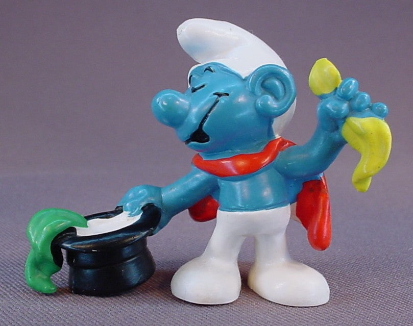 Magician Smurf With A Black Top Hat PVC Figure, #20114, 1981 Peyo Bully, West Germany, Smurfs, Vintage, Figurine, Orange Dot