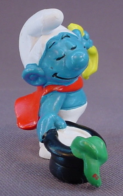 Magician Smurf With A Black Top Hat PVC Figure, #20114, 1981 Peyo Bully, West Germany, Smurfs, Vintage, Figurine, Orange Dot