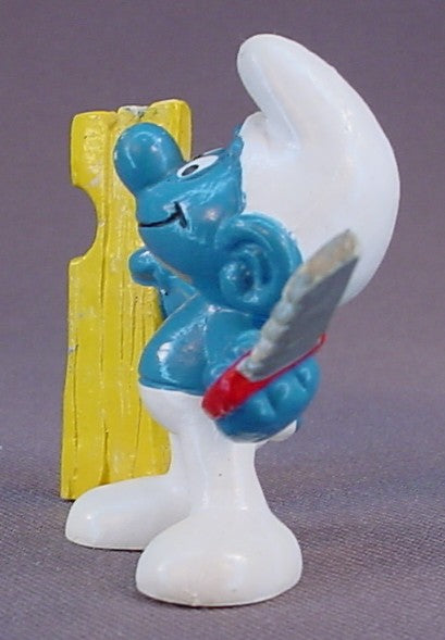 Carpenter Smurf Holding A Saw & A Piece Of Wood PVC Figure, #20112, 1980 Peyo Bully, West Germany, Smurfs, Vintage, Figurine