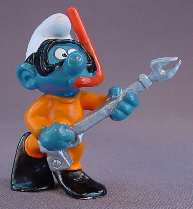 Frogman Smurf With A Snorkel & Spear Gun PVC Figure, #20120, 1980 Peyo Bully, West Germany, Smurfs, Vintage, Figurine