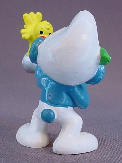 Hunter Smurf With A Yellow Bird Sitting On The End Of His Gun PVC Figure, #20106, 1980 Peyo Bully, West Germany, Smurfs, Vintage, Figurine
