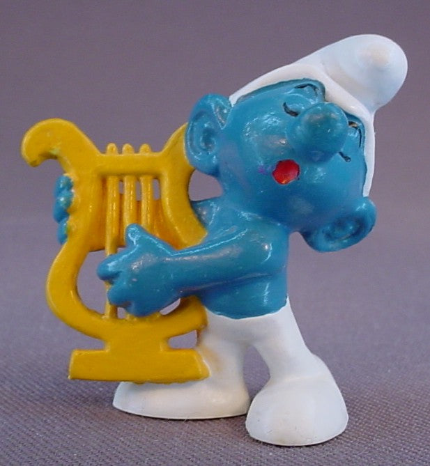 Smurf Playing A Harp PVC Figure, The Face Has Eyebrows Variation, #20116, 1973 Peyo Bully, West Germany, Smurfs, Vintage, Figurine