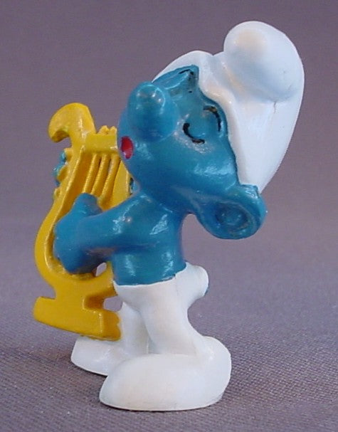 Smurf Playing A Harp PVC Figure, The Face Has Eyebrows Variation, #20116, 1973 Peyo Bully, West Germany, Smurfs, Vintage, Figurine