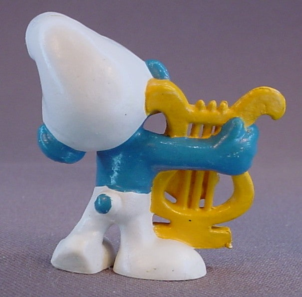 Smurf Playing A Harp PVC Figure, The Face Has Eyebrows Variation, #20116, 1973 Peyo Bully, West Germany, Smurfs, Vintage, Figurine