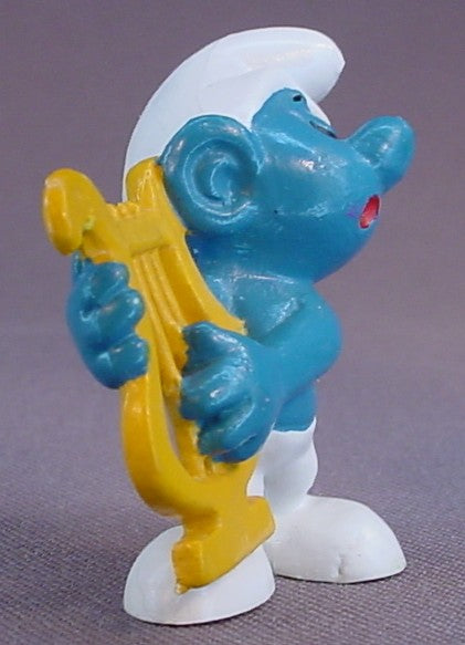 Smurf Playing A Harp PVC Figure, The Face Has Eyebrows Variation, #20116, 1973 Peyo Bully, West Germany, Smurfs, Vintage, Figurine