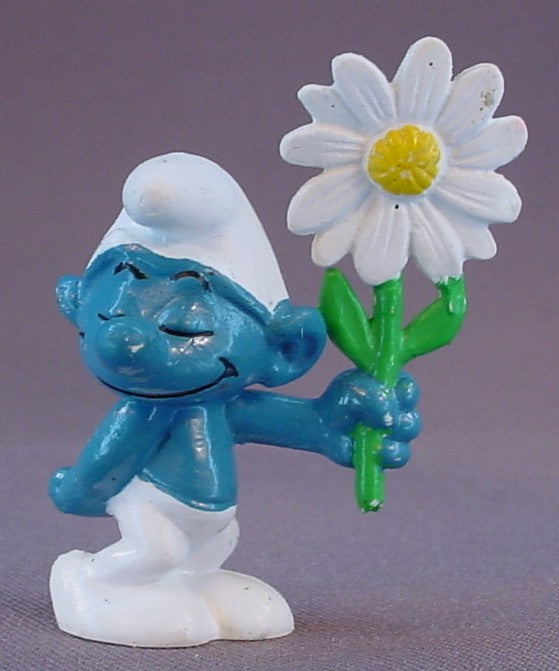 Courting Smurf Holding A Flower PVC Figure, Rendez Vous, #20076, 1973 Peyo Bully, West Germany, Smurfs, Vintage, Figurine, Rendezvous