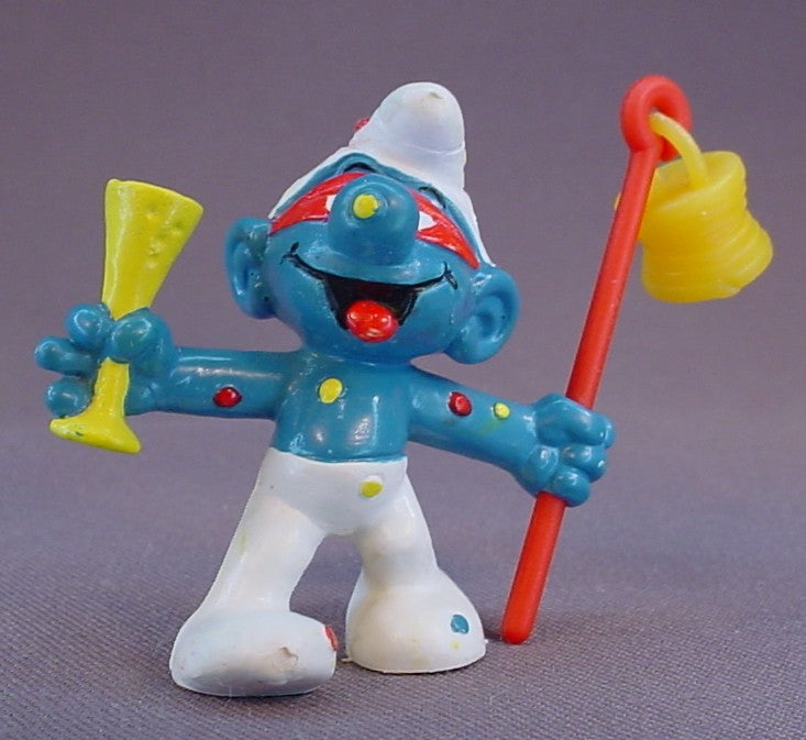 Carnival Smurf With A Yellow Lantern On A Staff PVC Figure, #20107, 1980 Peyo Bully, West Germany, Smurfs, Vintage, Figurine, Red Mask & Polka Dots On His Face & Body, Carnivale, Mardi Gras