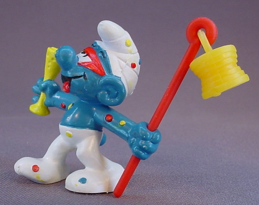 Carnival Smurf With A Yellow Lantern On A Staff PVC Figure, #20107, 1980 Peyo Bully, West Germany, Smurfs, Vintage, Figurine, Red Mask & Polka Dots On His Face & Body, Carnivale, Mardi Gras