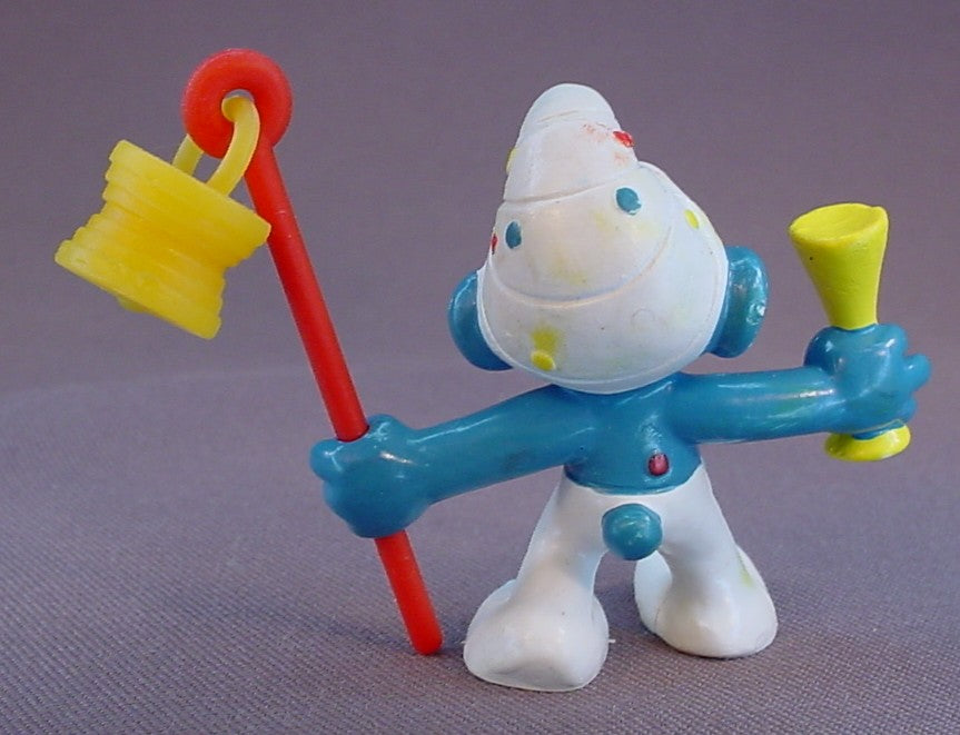 Carnival Smurf With A Yellow Lantern On A Staff PVC Figure, #20107, 1980 Peyo Bully, West Germany, Smurfs, Vintage, Figurine, Red Mask & Polka Dots On His Face & Body, Carnivale, Mardi Gras