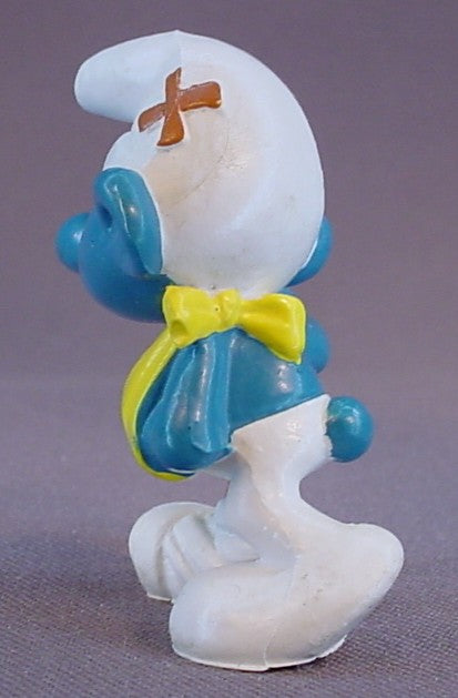 Injured Smurf With His Arm In A Sling & A Bandaged Foot PVC Figure, Walking With A Cane, #20097, 1978 Peyo Bully, West Germany, Smurfs, Vintage, Figurine