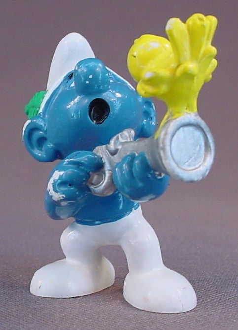 Hunter Smurf With A Yellow Bird Sitting On The End Of His Gun PVC Figure, #20106, 1980 Peyo Bully, West Germany, Smurfs, Vintage, Figurine