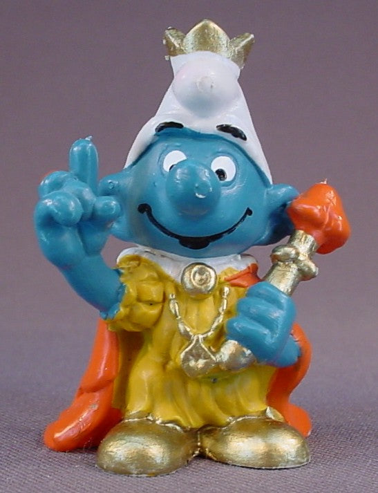 Emperor Smurf With A Gold Crown & A Mushroom Scepter PVC Figure, #20046, 1978 Peyo Schleich, Made In Portugal, Smurfs, Vintage, Figurine, Mustard Yellow Or Orange Dot