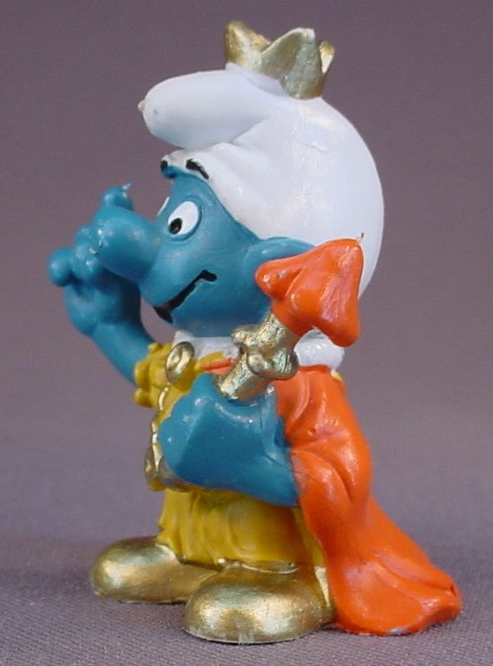 Emperor Smurf With A Gold Crown & A Mushroom Scepter PVC Figure, #20046, 1978 Peyo Schleich, Made In Portugal, Smurfs, Vintage, Figurine, Mustard Yellow Or Orange Dot