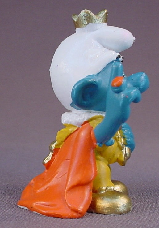 Emperor Smurf With A Gold Crown & A Mushroom Scepter PVC Figure, #20046, 1978 Peyo Schleich, Made In Portugal, Smurfs, Vintage, Figurine, Mustard Yellow Or Orange Dot