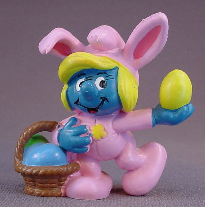 Smurfette In A Pink Easter Bunny Suit PVC Figure, #20497, 1983 Peyo Schleich, Made In Portugal, Smurfs, Vintage, Figurine