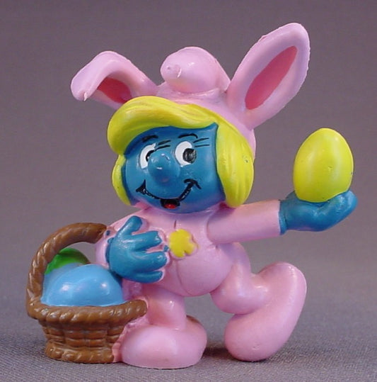 Smurfette In A Pink Easter Bunny Suit PVC Figure, #20497, 1983 Peyo Schleich, Made In Portugal, Smurfs, Vintage, Figurine
