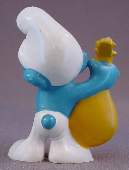Smurf Playing A Tan Or Brown Lute PVC Figure, #20013, 1969 Peyo, Made In Portugal, Smurfs, Vintage, Figurine, Mustard Yellow Or Orange Dot