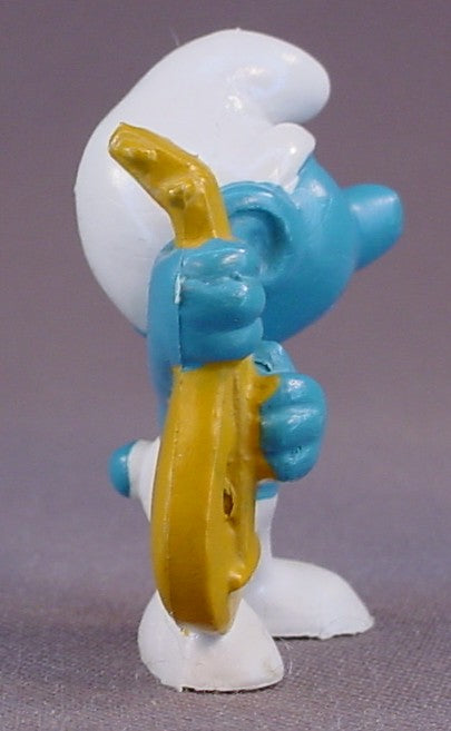 Smurf Playing A Tan Or Brown Lute PVC Figure, #20013, 1969 Peyo, Made In Portugal, Smurfs, Vintage, Figurine, Mustard Yellow Or Orange Dot