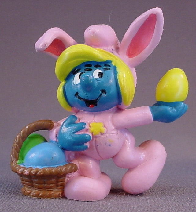 Smurfette In A Pink Easter Bunny Suit PVC Figure, #20497, 1982 Peyo Schleich, Made In Portugal, Smurfs, Vintage, Figurine