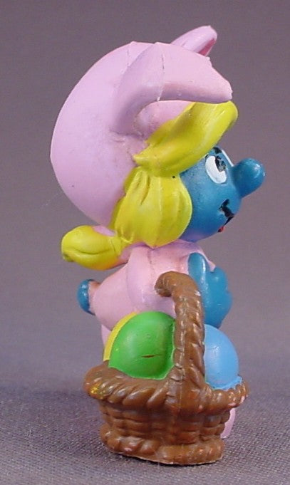 Smurfette In A Pink Easter Bunny Suit PVC Figure, #20497, 1982 Peyo Schleich, Made In Portugal, Smurfs, Vintage, Figurine
