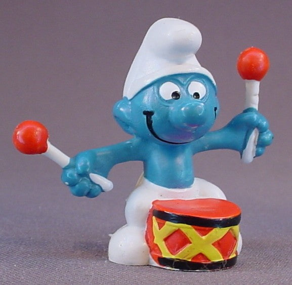 Drummer Smurf With A Red Drum & 2 Drumsticks PVC Figure, #20009, 1966 Peyo, Made In Portugal, Smurfs, Vintage, Figurine, Mustard Yellow Dot