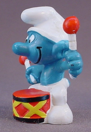 Drummer Smurf With A Red Drum & 2 Drumsticks PVC Figure, #20009, 1966 Peyo, Made In Portugal, Smurfs, Vintage, Figurine, Mustard Yellow Dot