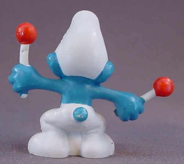 Drummer Smurf With A Red Drum & 2 Drumsticks PVC Figure, #20009, 1966 Peyo, Made In Portugal, Smurfs, Vintage, Figurine, Mustard Yellow Dot