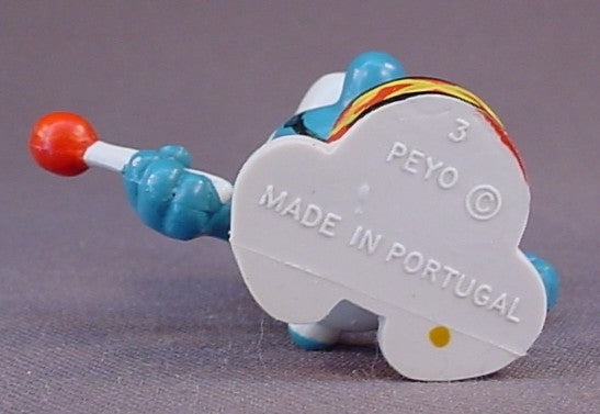 Drummer Smurf With A Red Drum & 2 Drumsticks PVC Figure, #20009, 1966 Peyo, Made In Portugal, Smurfs, Vintage, Figurine, Mustard Yellow Dot
