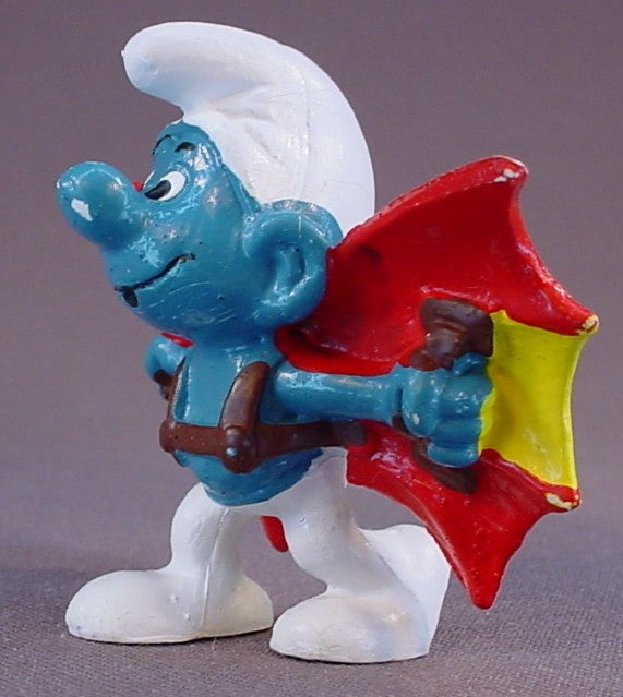 Hang Glider Smurf With Red & Yellow Bat Shaped Wings With Brown Straps PVC Figure, #20036, 1978 Peyo, Made In Portugal, Smurfs, Vintage, Figurine