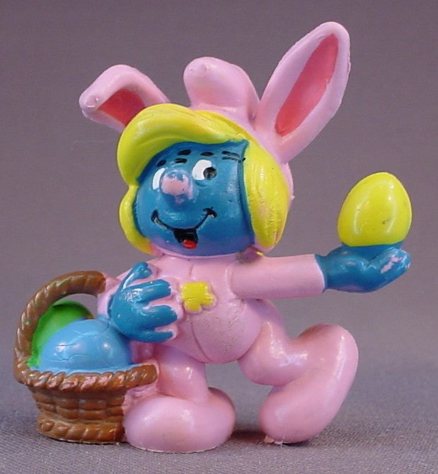 Smurfette In A Pink Easter Bunny Suit PVC Figure, #20497, 1983 Peyo Schleich, Made In Portugal, Smurfs, Vintage, Figurine