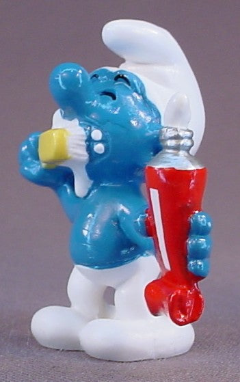 Smurf Brushing His Teeth PVC Figure, #20064, This Variation Has A Brighter Yellow Tooth Brush And A Toothpaste Tube With A Thin White Stripe, 1979 Peyo Schleich, Made In China, Smurfs, Vintage, Figurine