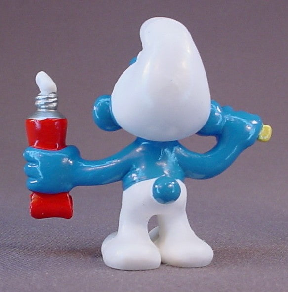 Smurf Brushing His Teeth PVC Figure, #20064, This Variation Has A Brighter Yellow Tooth Brush And A Toothpaste Tube With A Thin White Stripe, 1979 Peyo Schleich, Made In China, Smurfs, Vintage, Figurine