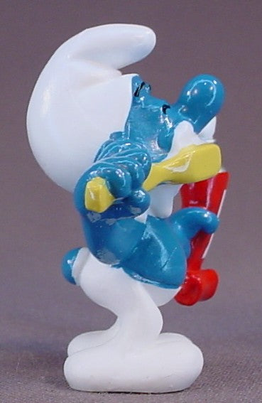 Smurf Brushing His Teeth PVC Figure, #20064, This Variation Has A Brighter Yellow Tooth Brush And A Toothpaste Tube With A Thin White Stripe, 1979 Peyo Schleich, Made In China, Smurfs, Vintage, Figurine